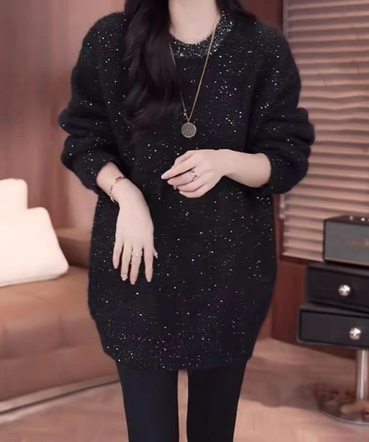 冬装新款小众设计感领口亮片慵懒风百搭显瘦套头毛衣时尚针织衫女