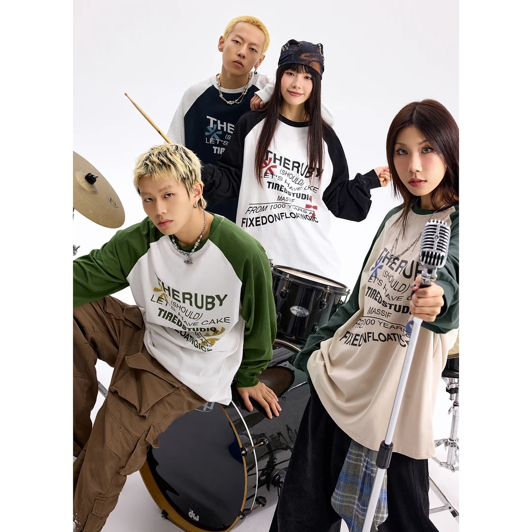 TIRED潮牌撞色拼接320g重磅纯棉长袖t恤男女简约打底衫街头上衣潮