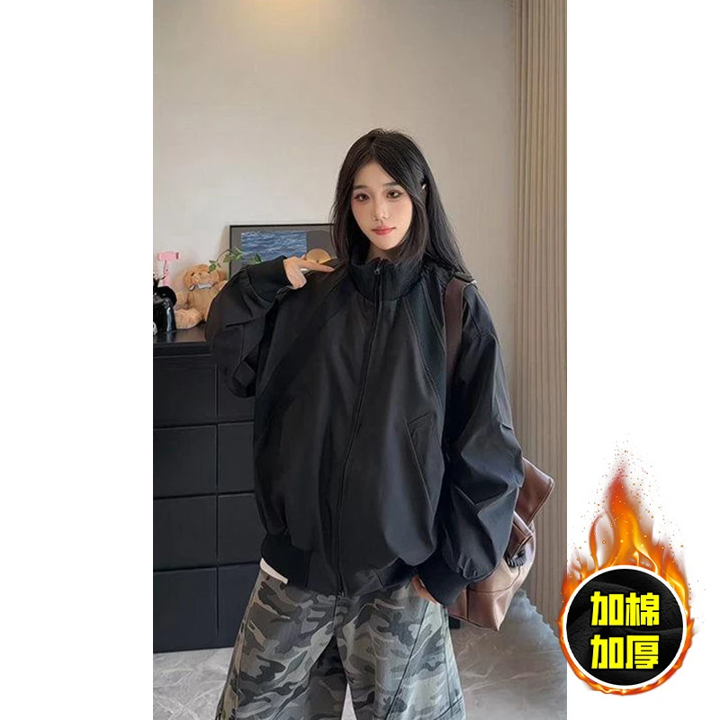 黑色立领飞行夹克男女款秋季美式工装棉衣外套加棉加厚三防冲锋衣