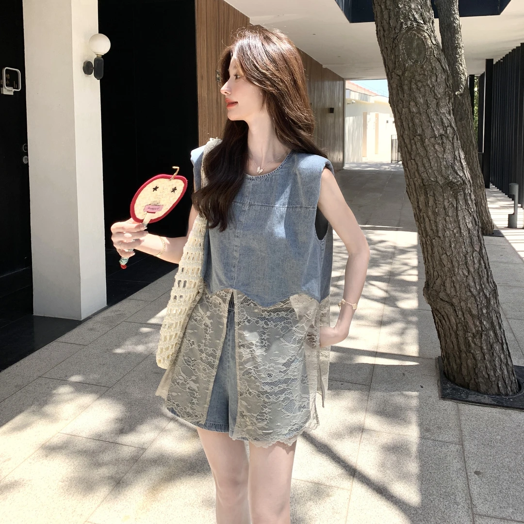 盐系巨好看蕾丝拼接牛仔套装女2025夏季新款小个子背心短款两件套
