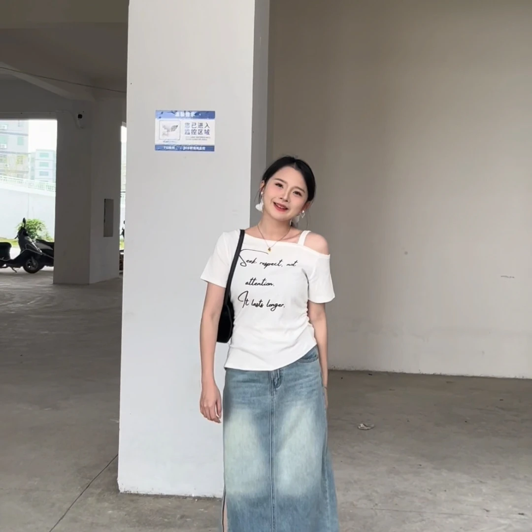 2025夏季新款美式复古辣妹纯欲修身显瘦斜肩字母印花短袖T恤衫女