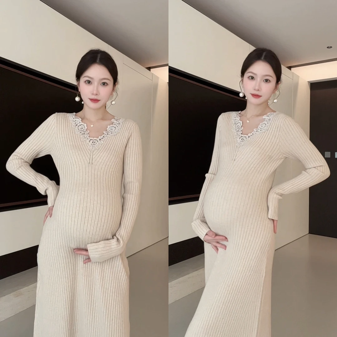 senenmu 【冬日氛围】法式蕾丝拼接针织连衣裙打底裙孕妇装