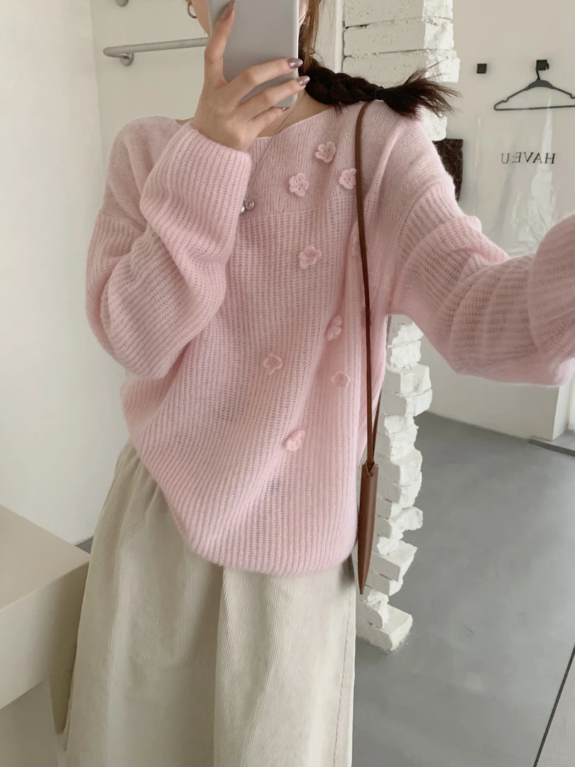 【潘潘.518886不可机洗】秋冬新款羊驼毛+山羊绒立体花朵女装针织衫