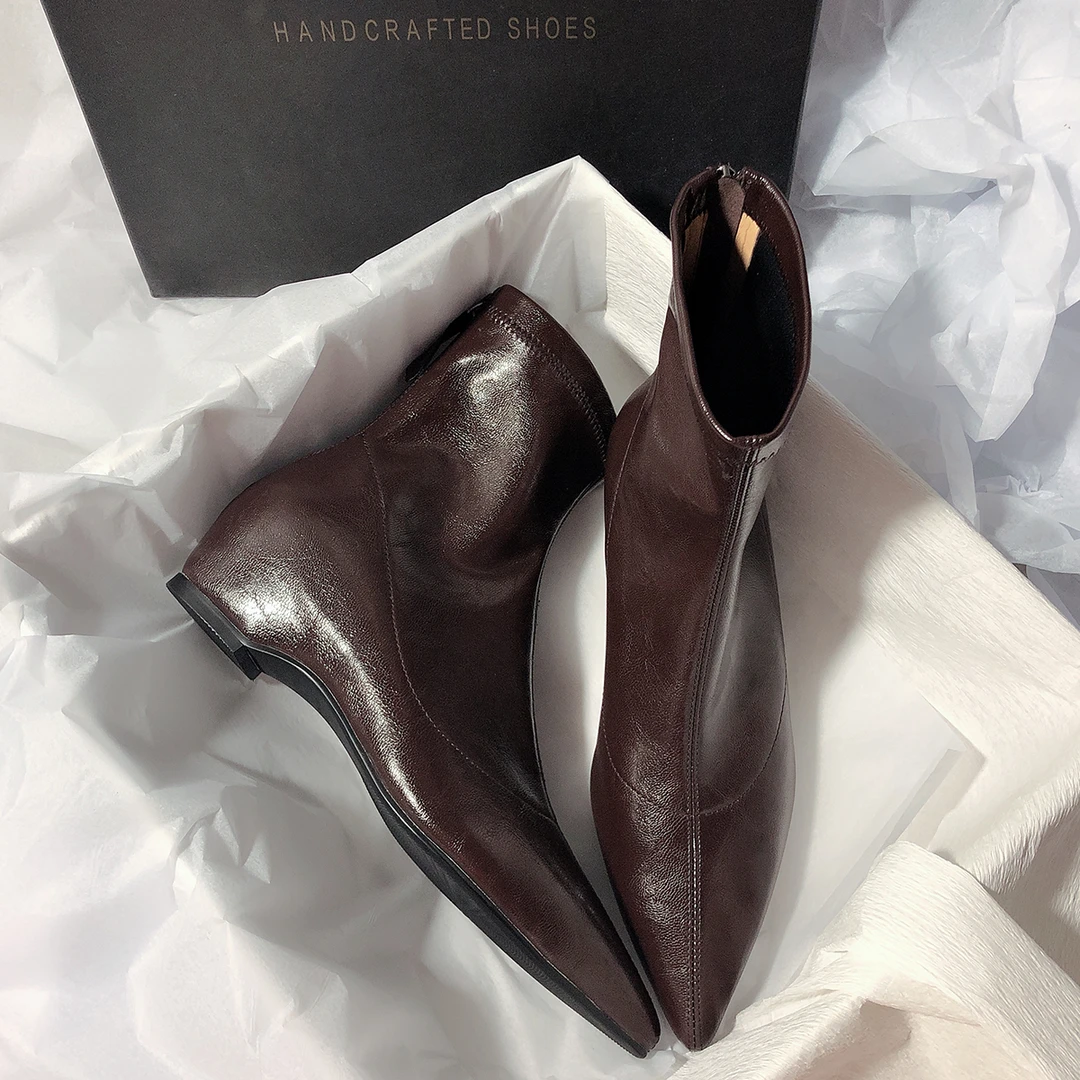 软皮版~尖头瘦瘦靴女法式气质白色短靴低跟百搭弹力短筒时装靴子