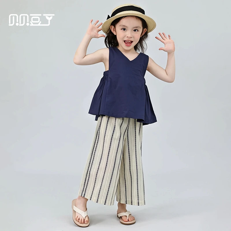 女童套装休闲洋气童装短袖无袖裤子薄款夏装条纹时尚两件套83024