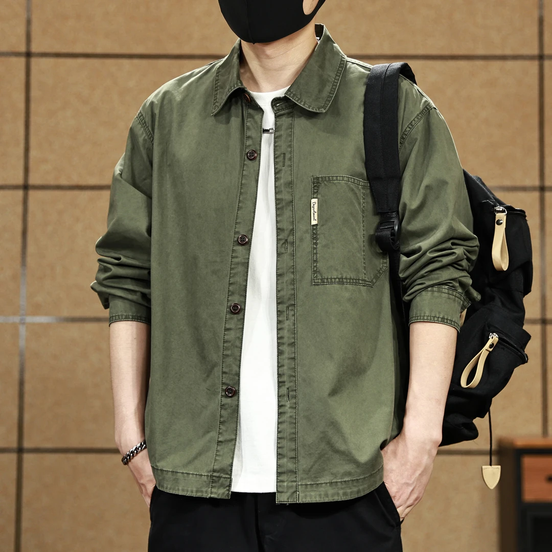 美式复古工装衬衫男长袖新款日系宽松大码衬衣男春秋外套男