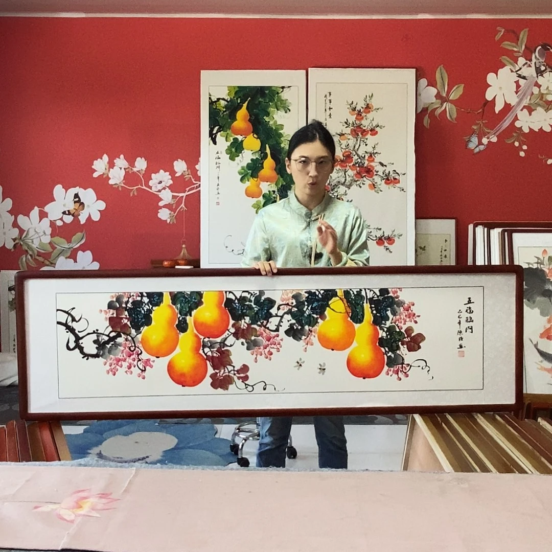 国画手写手绘国画作品带框包邮47✖️162