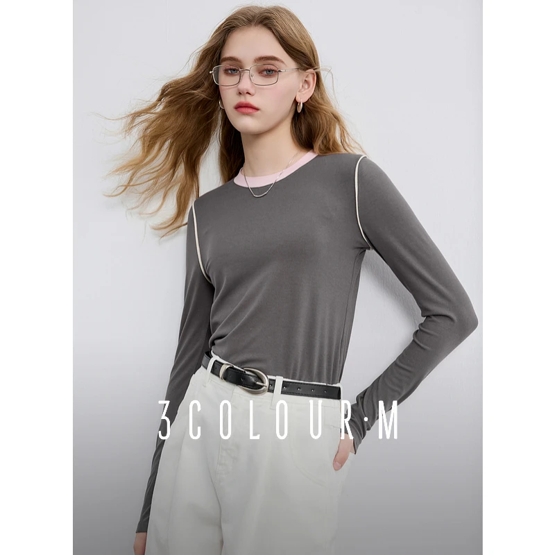 三彩2025春季新款撞色T恤圆领正肩长袖上衣套头短款内搭休闲M