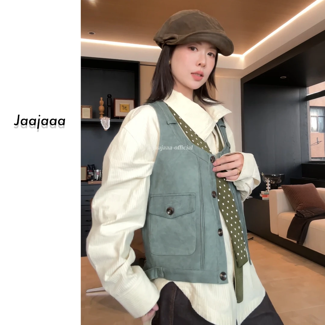 Jaajaaa秋苔衣语  马夹宽松夏季外穿美式复古军绿坎肩时尚百搭XXG