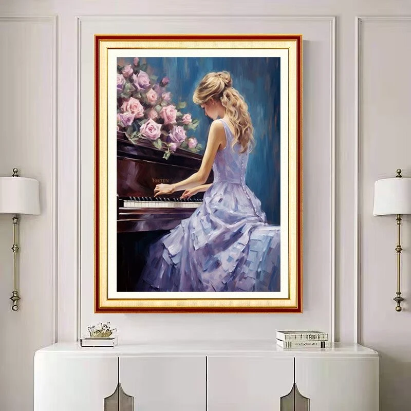 【十字绣】钢琴女孩-四股满绣  棉线60*80厘米（需自己绣）