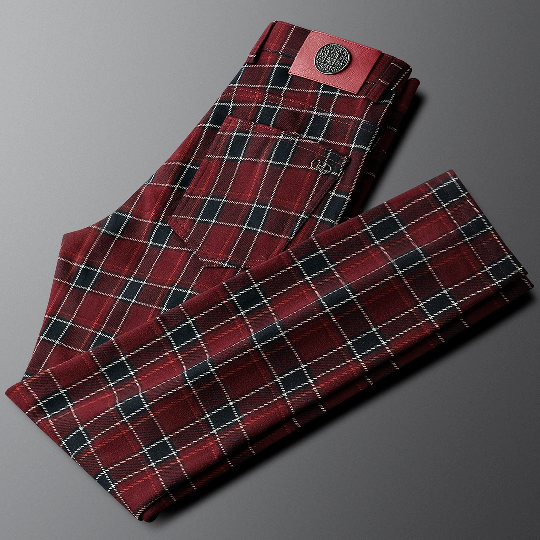 简纳曼克轻奢毛呢格子休闲裤男士秋冬季修身直筒时尚潮流牛仔裤子