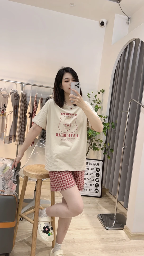 夏季爽棉睡衣女时尚休闲宽松格子印花韩版卡通简约居家舒适家居服