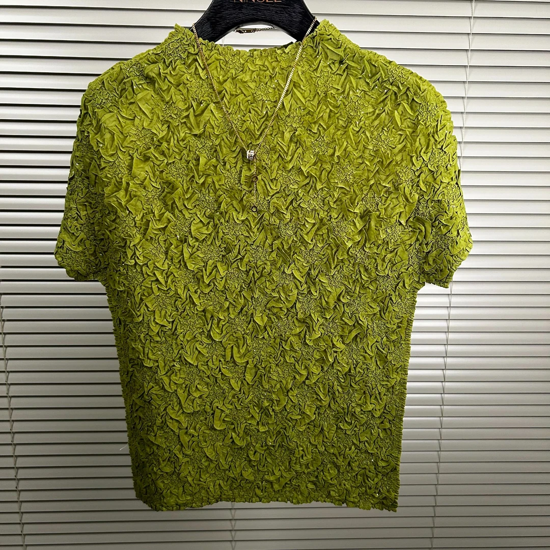 NINGLE新款夏季褶皱女装时尚手工捏褶上衣T恤轻奢百搭