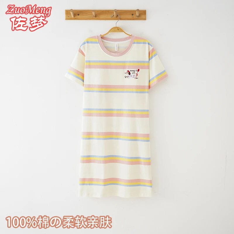 佐梦夏季新款带胸垫女士睡衣纯棉卡通短袖睡裙薄款少女长款家居服