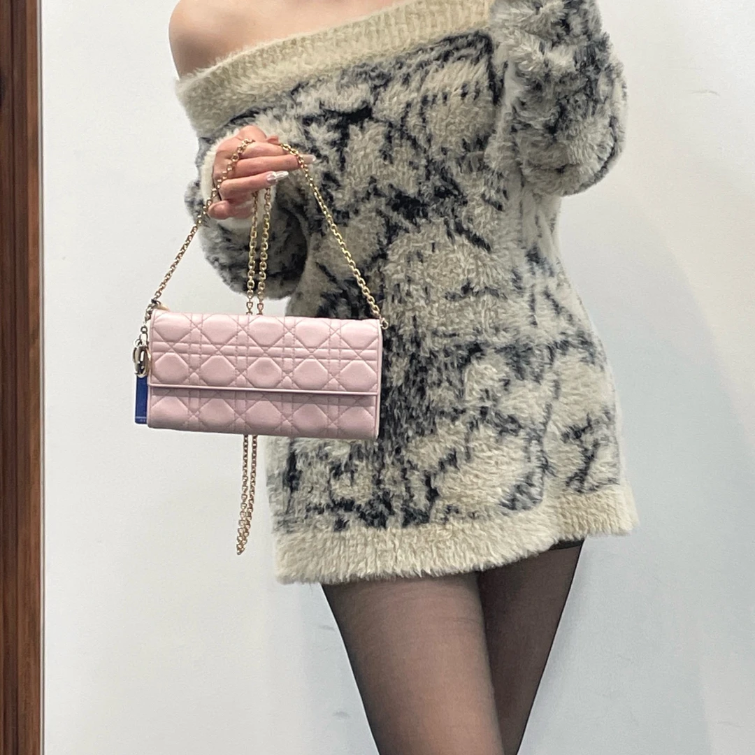 95新 DIOR/迪奥 dior珠光粉woc链条斜挎包