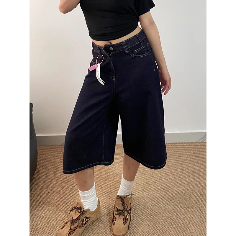 微胖mm高街美式高腰宽松七分阔腿裤女夏季深蓝色百搭直筒牛仔中裤