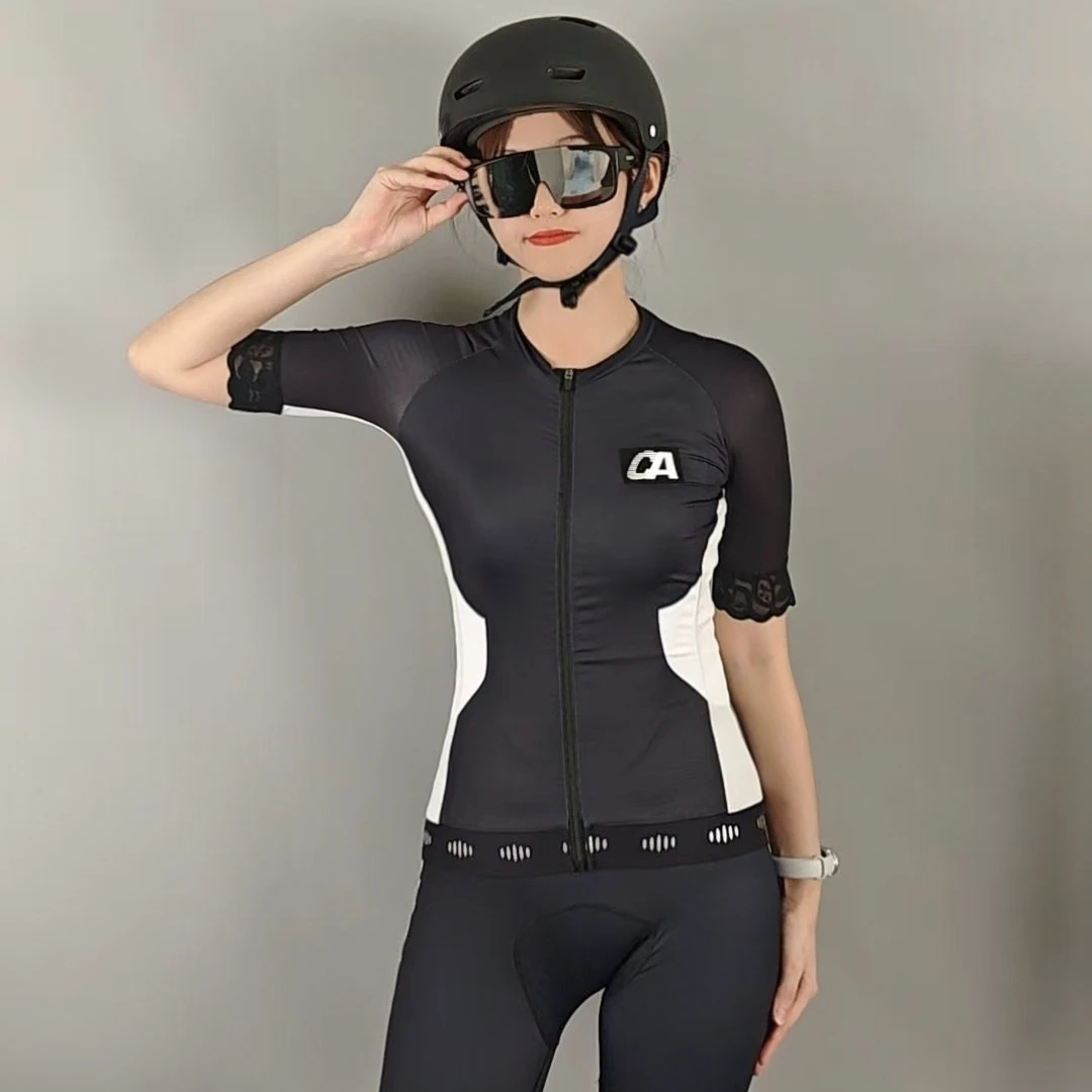 CA Cycling Artist夏季女款透气速干黑白短袖花边系列骑行上衣