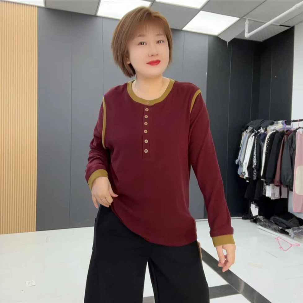 宽松型针织时尚吸汗纽扣长袖圆领拼接网红修身型不褪色拼色-3207