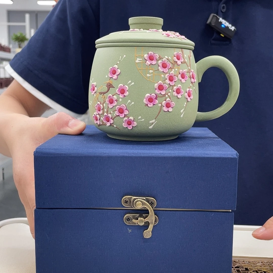 茶杯紫砂梅花幻彩豆青砂