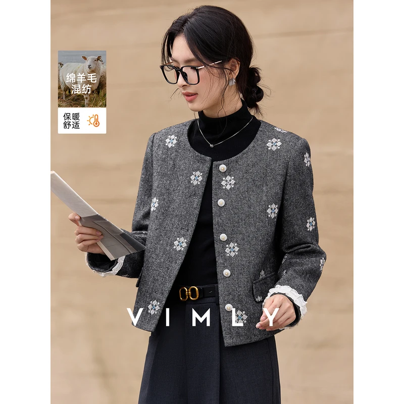 梵希蔓花灰色小香风绣花短款外套女冬季夹棉加厚圆领上衣A3326