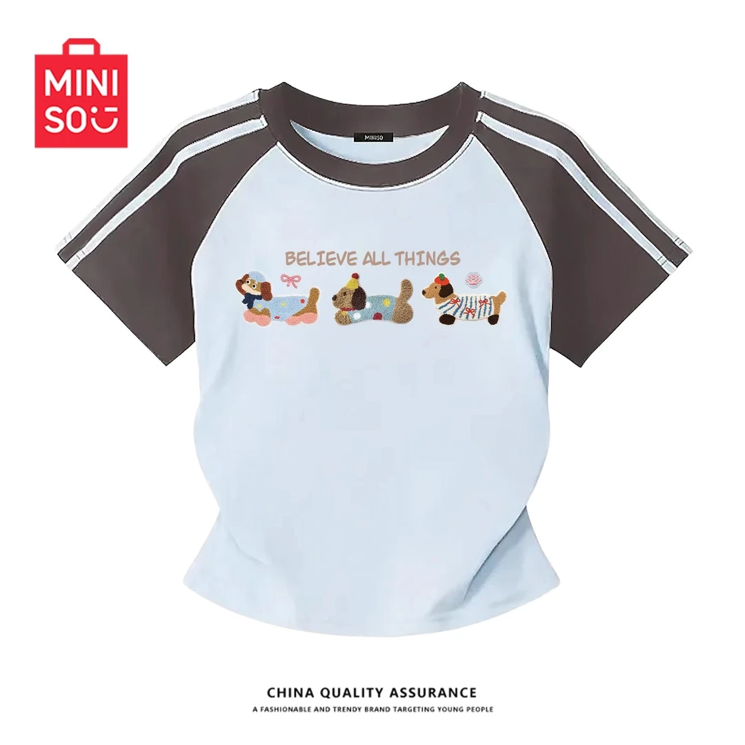 名创优品插肩短袖t恤女2025新款夏季纯棉上衣撞色拼条半袖体恤潮