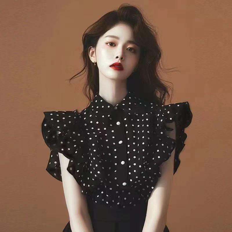 独特漂亮小衫2025洋气高端别致轻熟小众飞飞袖黑色波点法式衬衫女