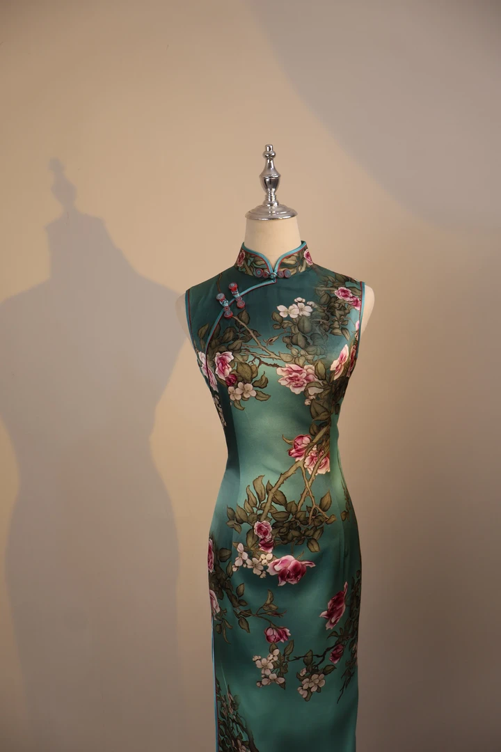 小包袖长旗袍低开衩旗袍包臀裙短袖高开衩中长裙新中式一字扣