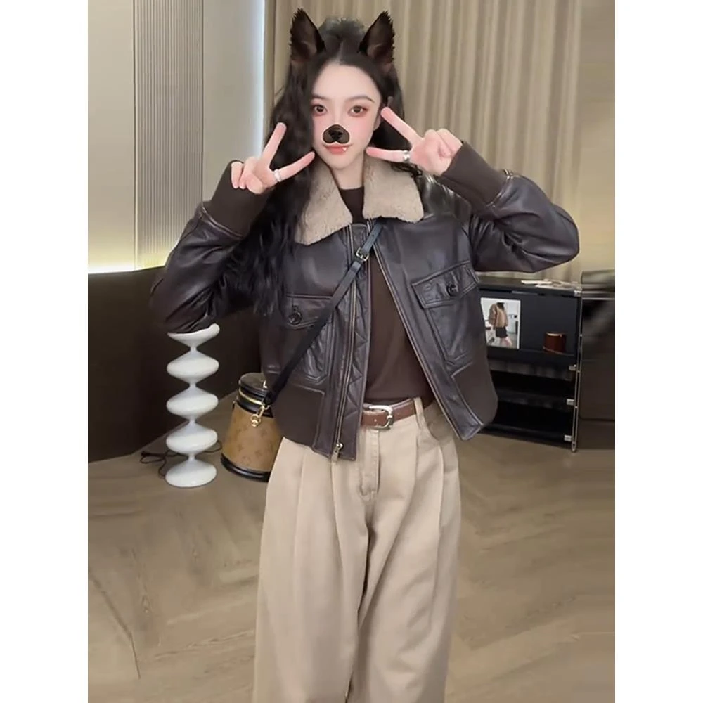皮衣外套加棉加厚女秋季新款小个子百搭休闲款短款皮夹克上衣