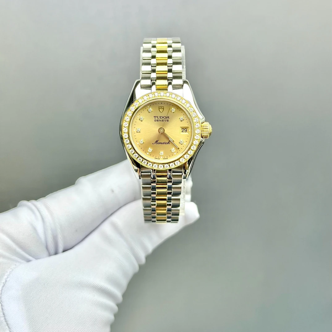 99新 TUDOR/帝舵 902401帝舵25mm间金黄盘日历内外钻二手单表/20