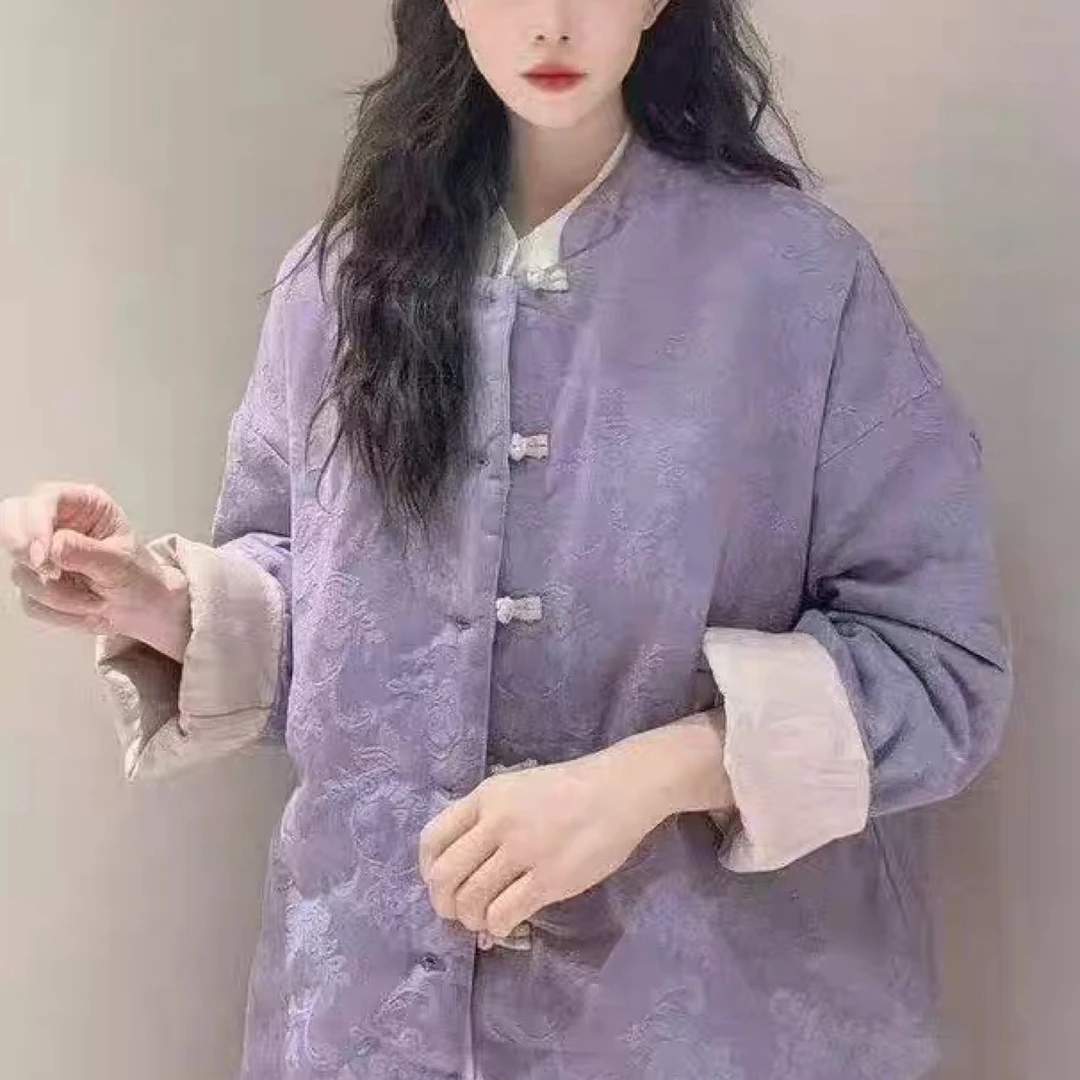 新中式复古双面穿棉服女冬加厚保暖棉麻立领改良唐装年轻款棉衣