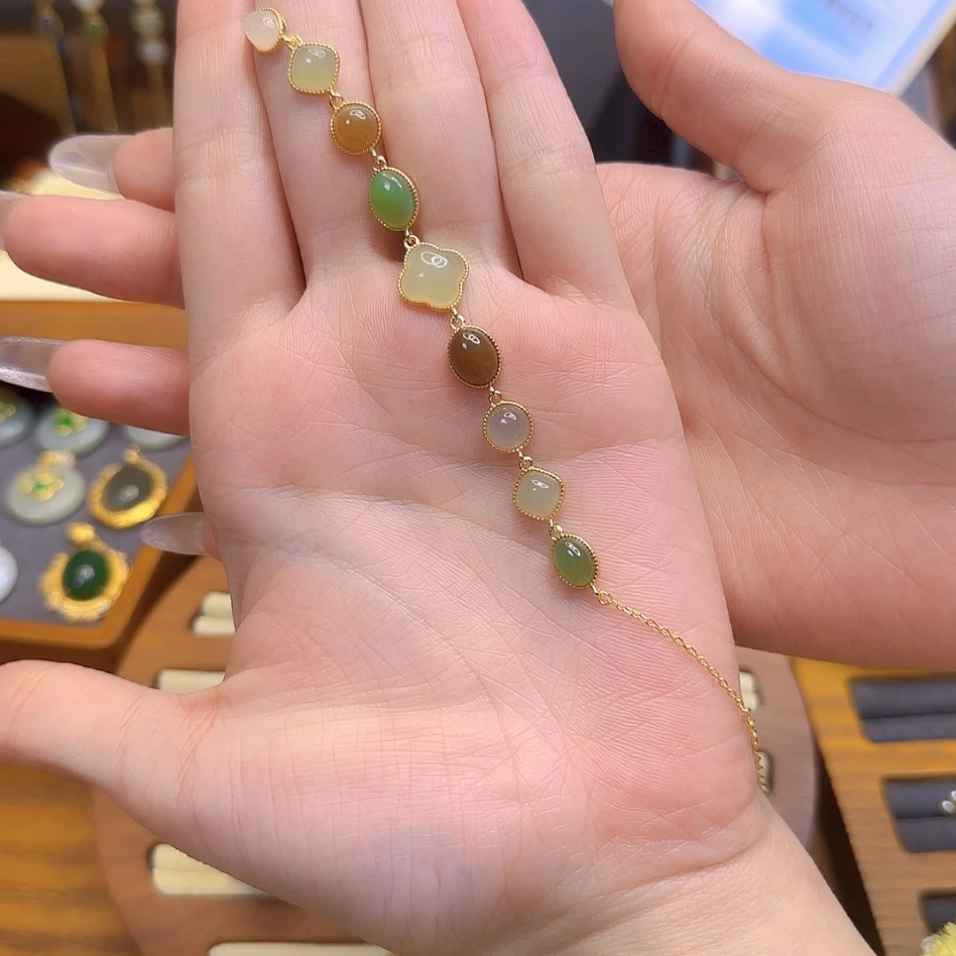 和田玉手链银S925镀金镶嵌