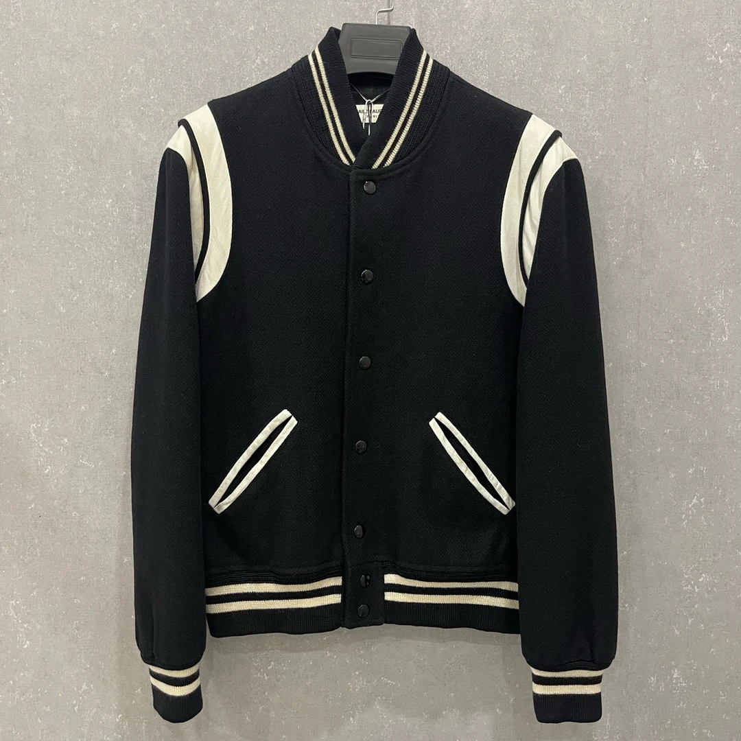 99新 YSL/圣罗兰 拼色立领单排扣合身长袖夹克外套48码/003556