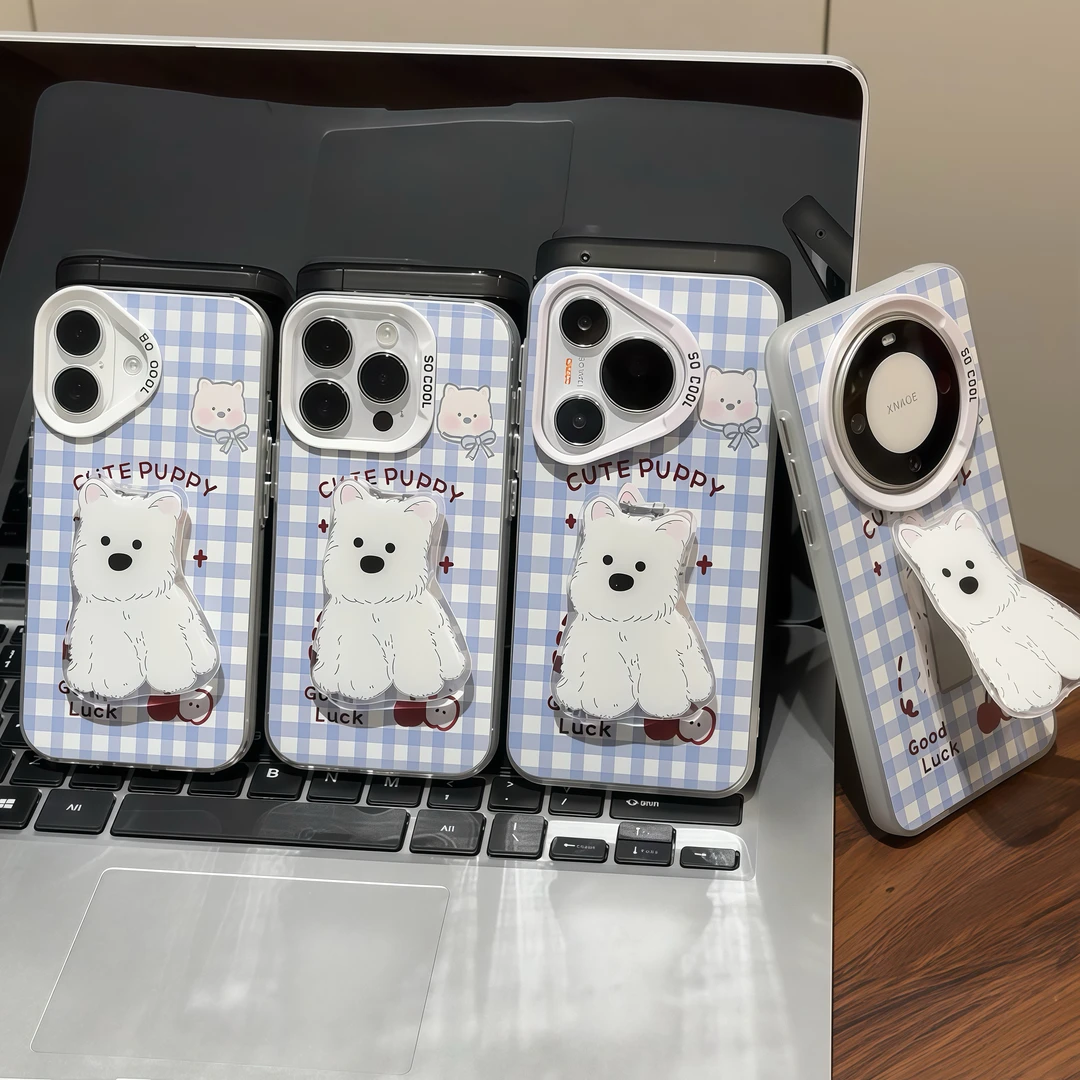 蓝格纹西高地支架适用iPhone17苹果16手机壳华为p70vivoppo小米15