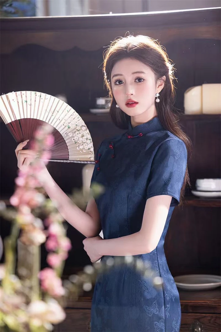 旗袍包袖日常中国风短袖单旗袍少女中长款短款小个子修身