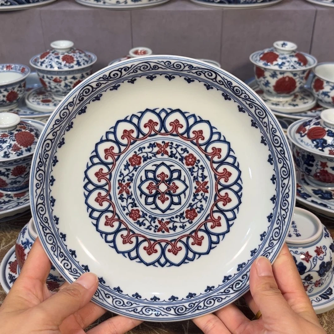 青花釉里红宝相盘子壶承