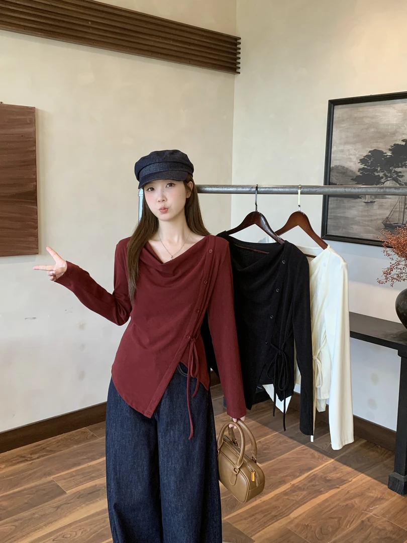 2025秋装新款胖mm大码女不规则荡领长袖T恤法式气质绑带上衣加宽