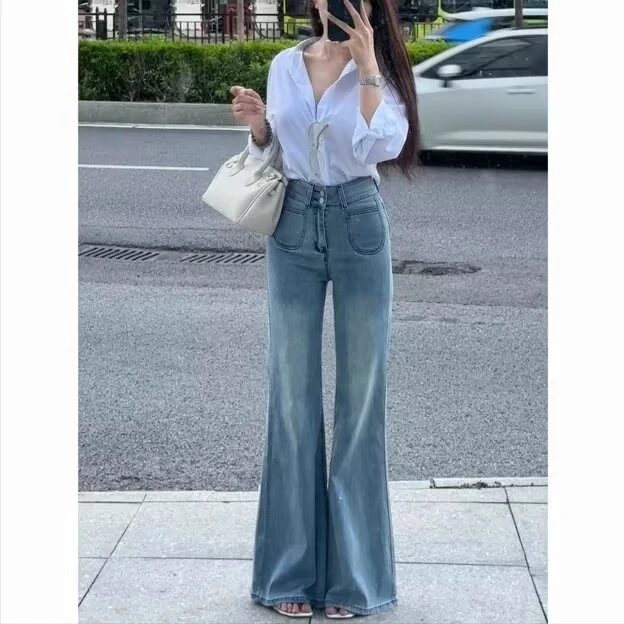 浅色高腰微喇叭牛仔裤女春秋新款大码胖mm弹力修身显瘦阔腿拖地裤