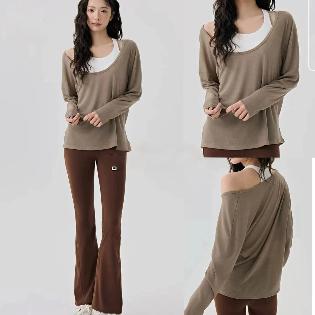 秋冬瑜伽服女套装高级感叠穿两件套宽松普拉提带胸垫运动长袖罩衫