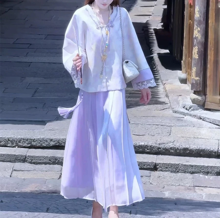 【偏爱•紫气东来】新中式重工盘扣国风马面裙紫色上衣套装女