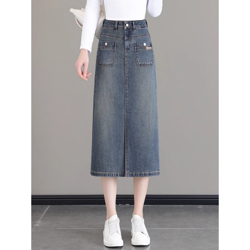 中长款牛仔裙女2025春秋季新款高腰包臀一步裙子前开叉a字半身裙