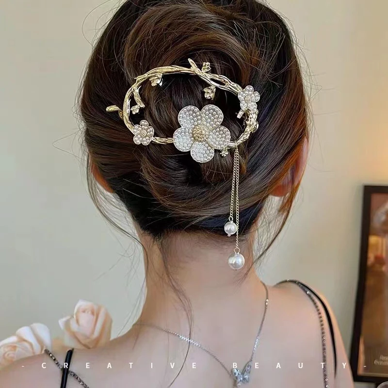 VD花环流苏金属发夹后脑勺盘发抓夹高级感扭扭夹头饰发卡女夏季否