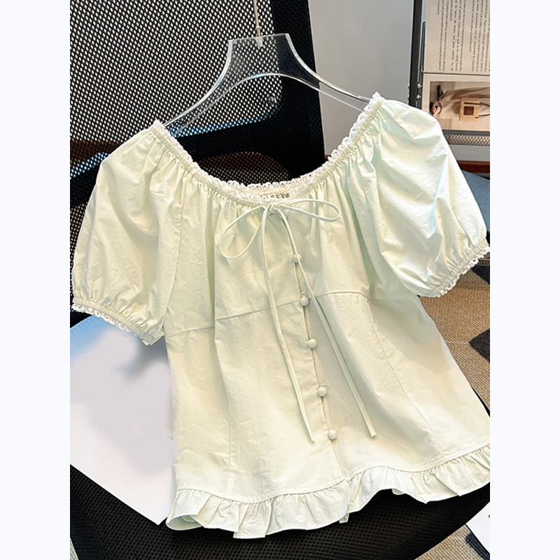花边系带衬衫女夏季2025新款一字露肩上衣时尚出游穿搭女装蕾丝