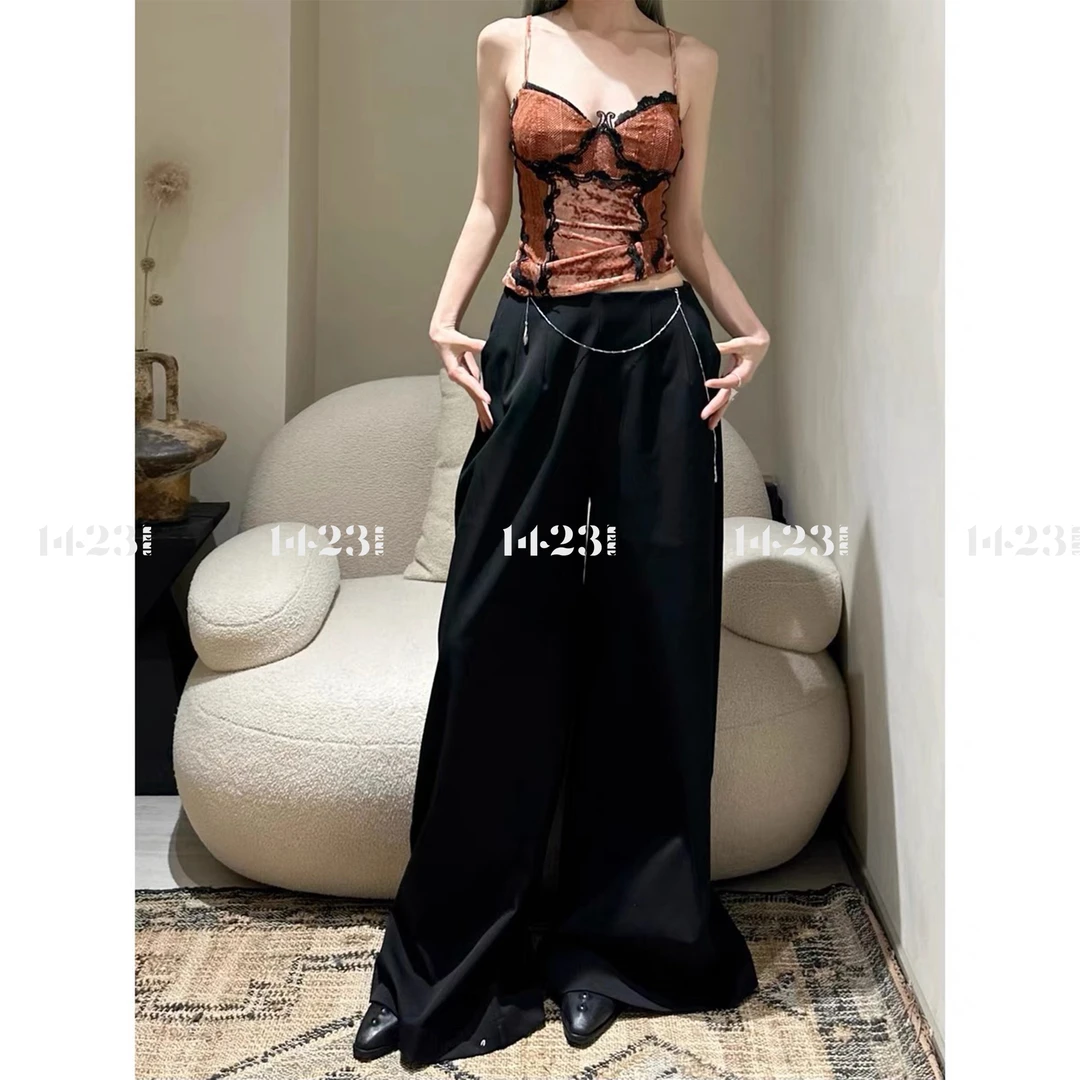 1423【天生摩登】黑色垂感宽松百搭吊坠西装阔腿裤