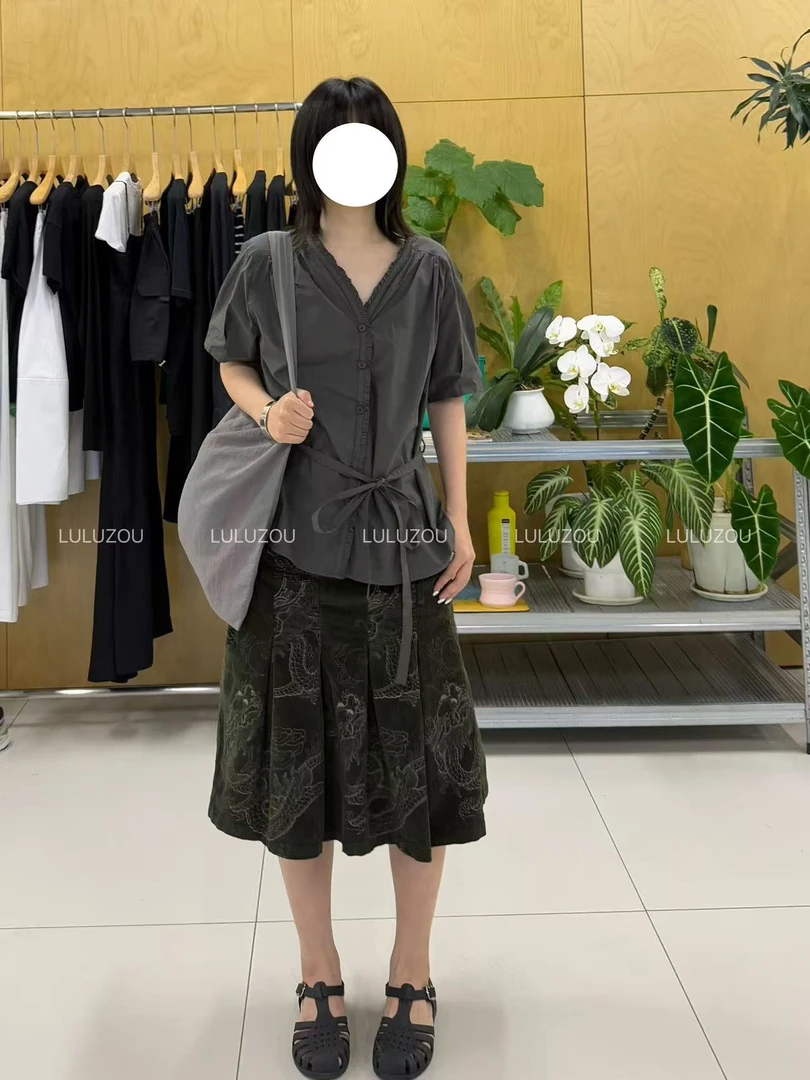 luluzou花边系带短袖衬衫10769