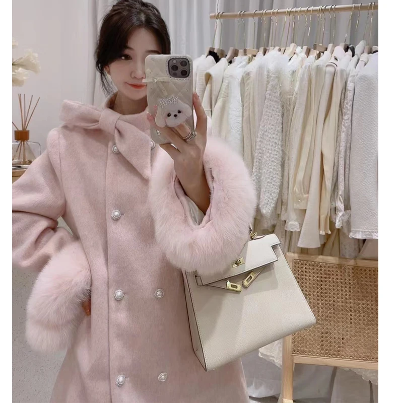 【23135】大蝴蝶结领毛毛袖中长款毛呢外套女