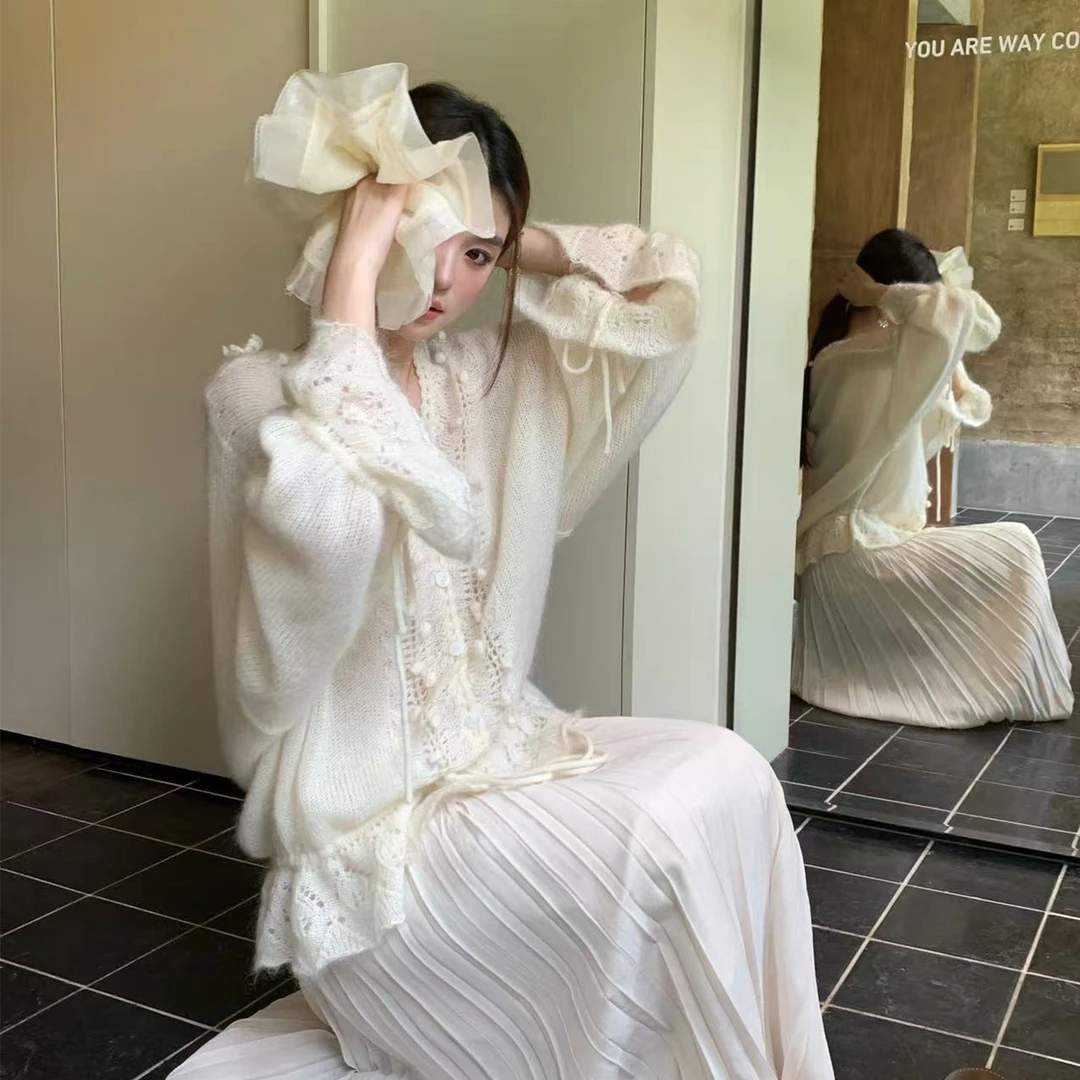 【云边花屿 】RARE ZZ软糯羊毛马海毛钩针花朵大廓形抽绳开衫