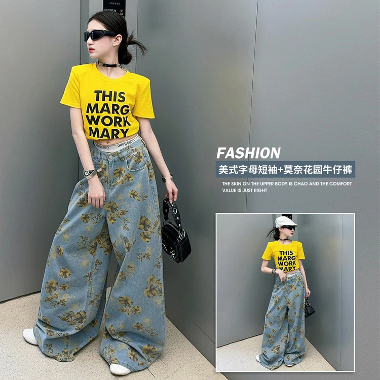 女童美式字母印花短袖T恤2025新款时尚复古设计感宽松牛仔阔腿裤