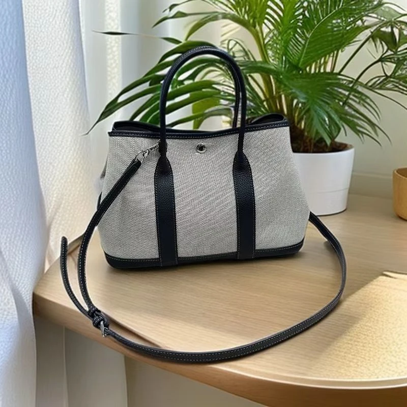 花园真皮网红单肩包简约设计帆布拼接手提包时尚时尚百搭轻奢休闲