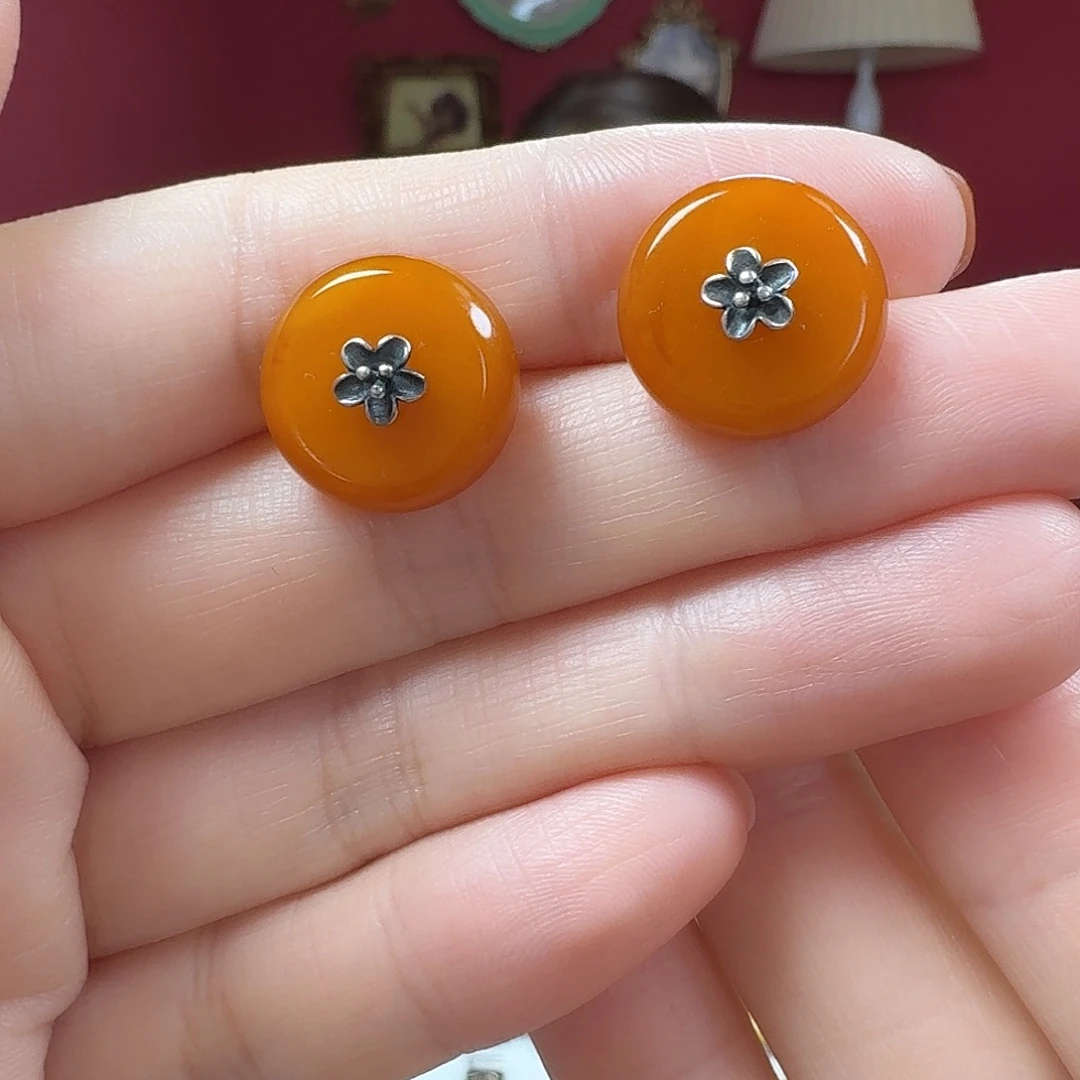 蜜蜡银S925镶嵌耳钉耳钉