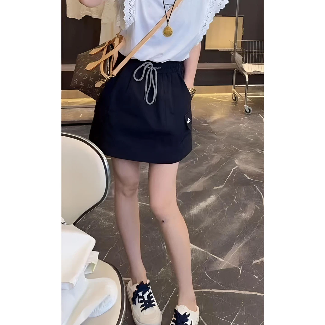夏季薄款休闲裤百搭大码显瘦纯色A字型短裙裤时尚字母宽松通勤风